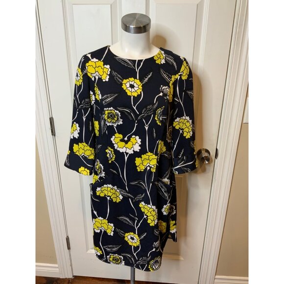 Boden Navy Blue, Cream & Yellow Floral 3/4 Sleeve Shift Dress, Size 6R - Picture 1 of 5